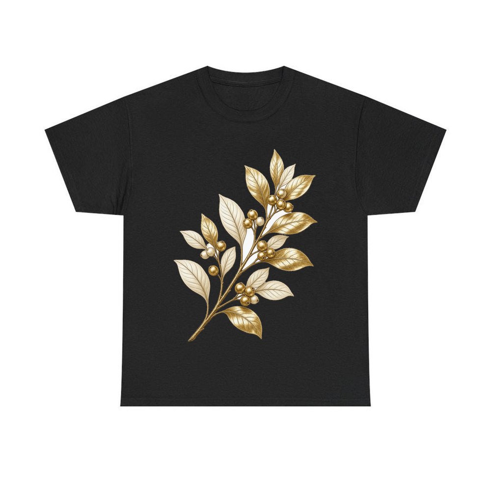 Gold Leaf And Berry Branch personalised Christmas T-shirt in black