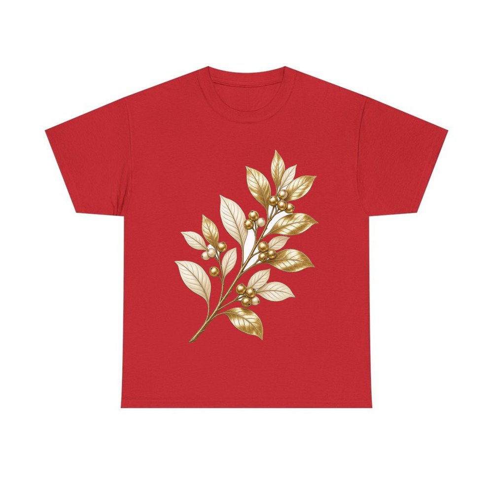 Gold Leaf And Berry Branch personalised Christmas T-shirt in red