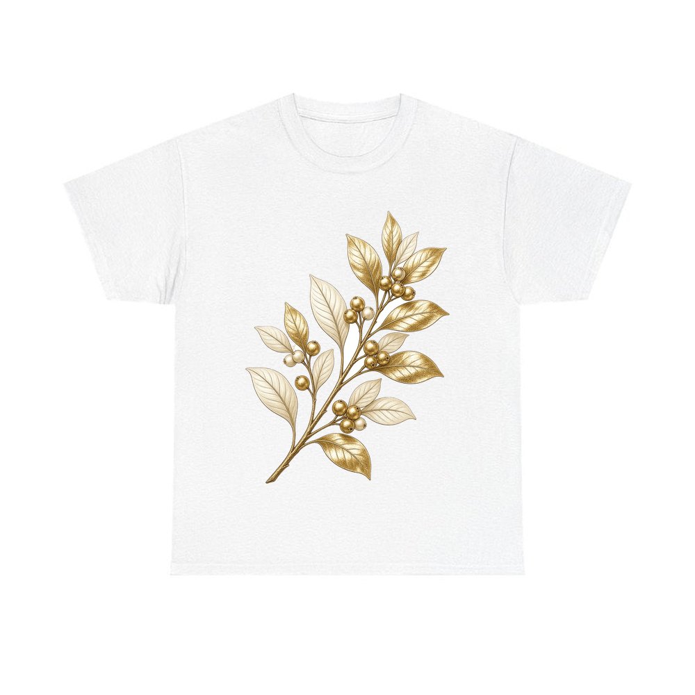 Gold Leaf And Berry Branch personalised Christmas T-shirt in white
