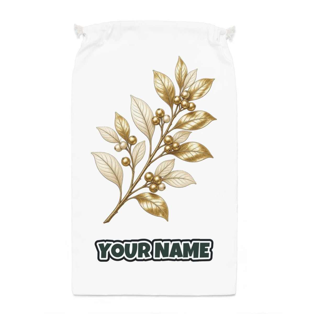 Gold Leaf And Berry Branch Santa sack laid flat, showing the full print