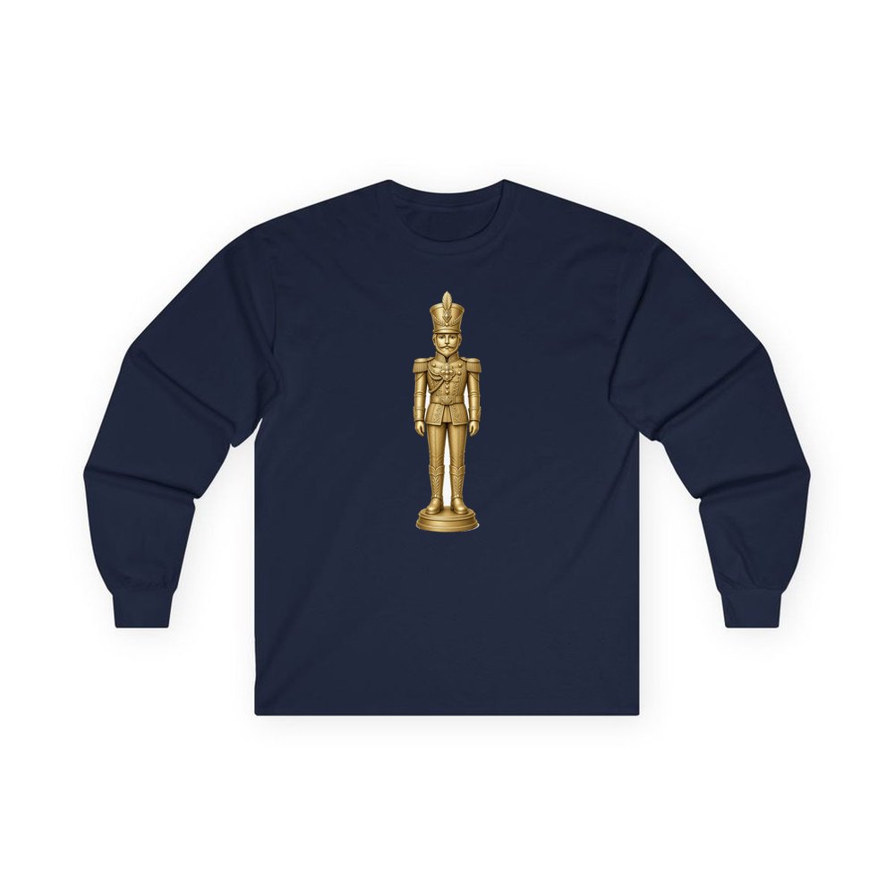 Gold Nutcracker Soldier personalised long sleeve Christmas T-shirt in navy