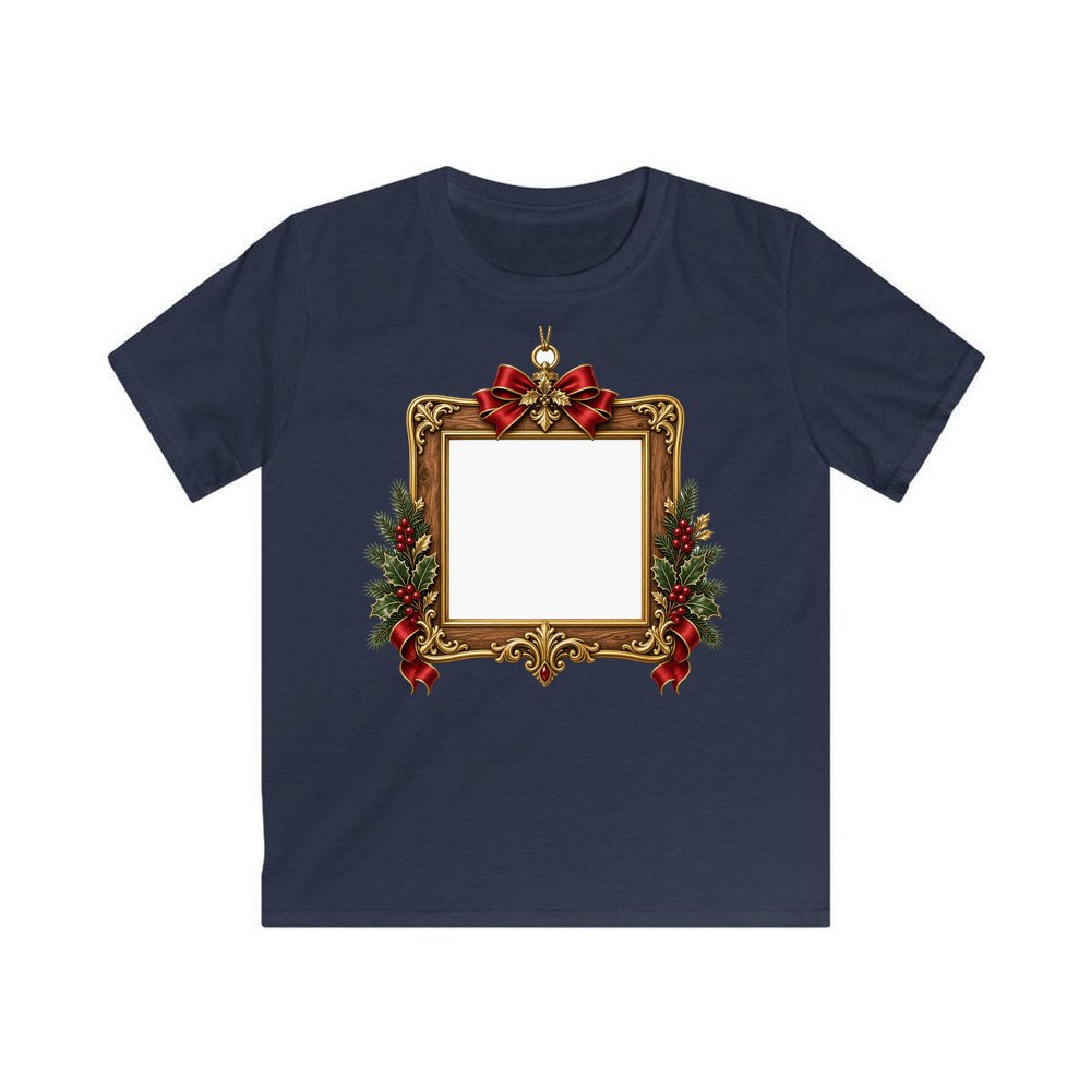 Gold Photo Frame Ornament personalised kids Christmas tee in navy