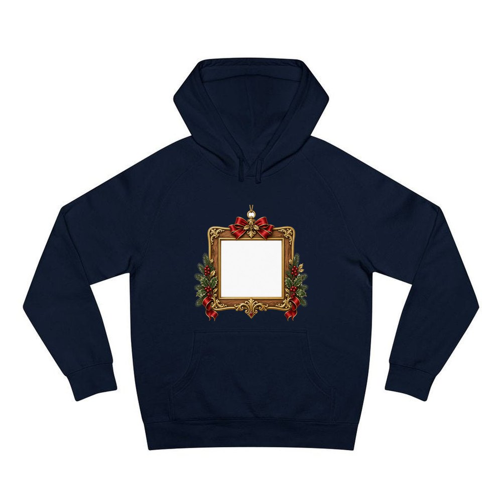 Gold Photo Frame Ornament personalised Christmas hoodie in navy