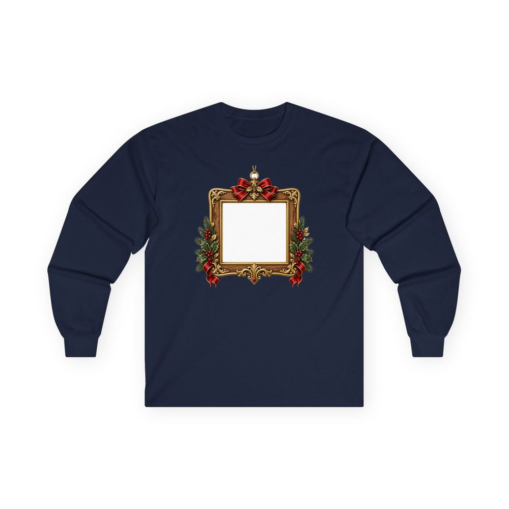 Gold Photo Frame Ornament personalised long sleeve Christmas T-shirt in navy