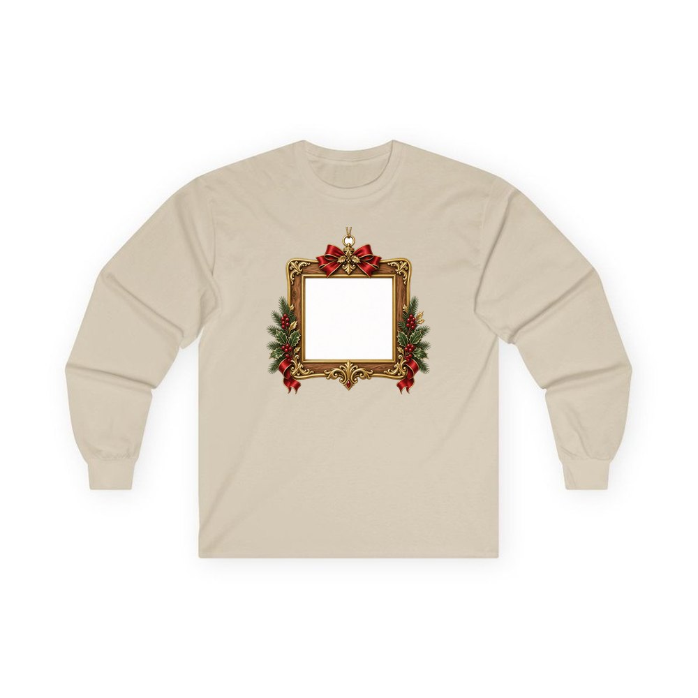 Gold Photo Frame Ornament personalised long sleeve Christmas T-shirt in sand