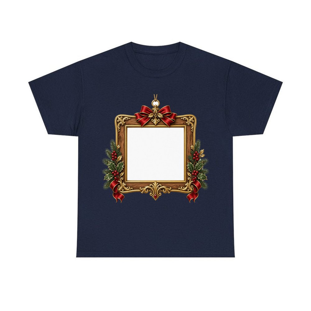 Gold Photo Frame Ornament personalised Christmas T-shirt in navy