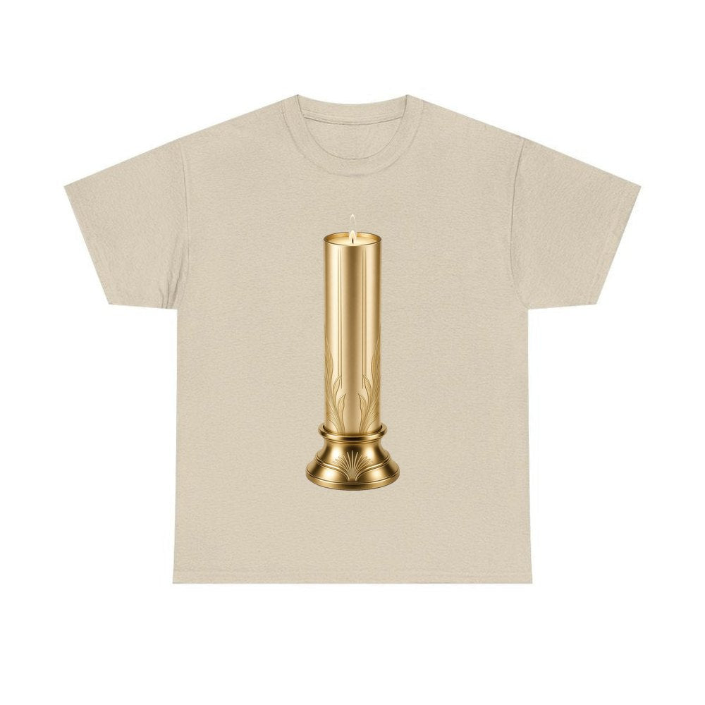 Gold Pillar Candle personalised Christmas T-shirt in sand