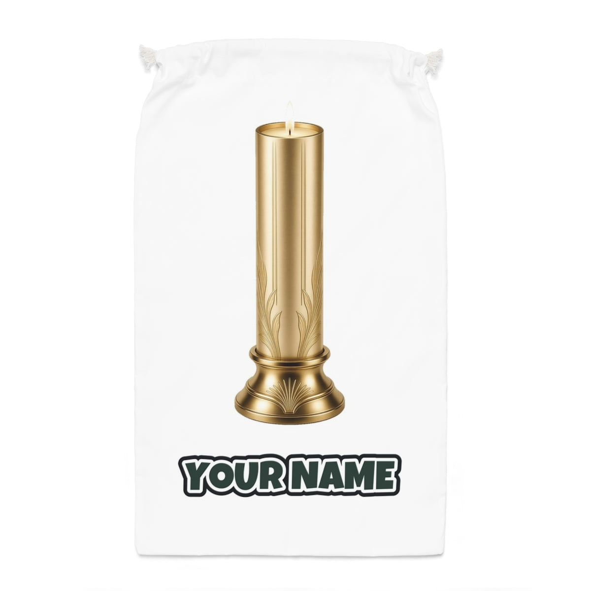 Gold Pillar Candle Santa sack laid flat, showing the full print