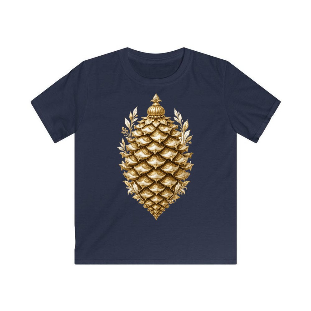 Gold Pinecone Ornament personalised kids Christmas tee in navy