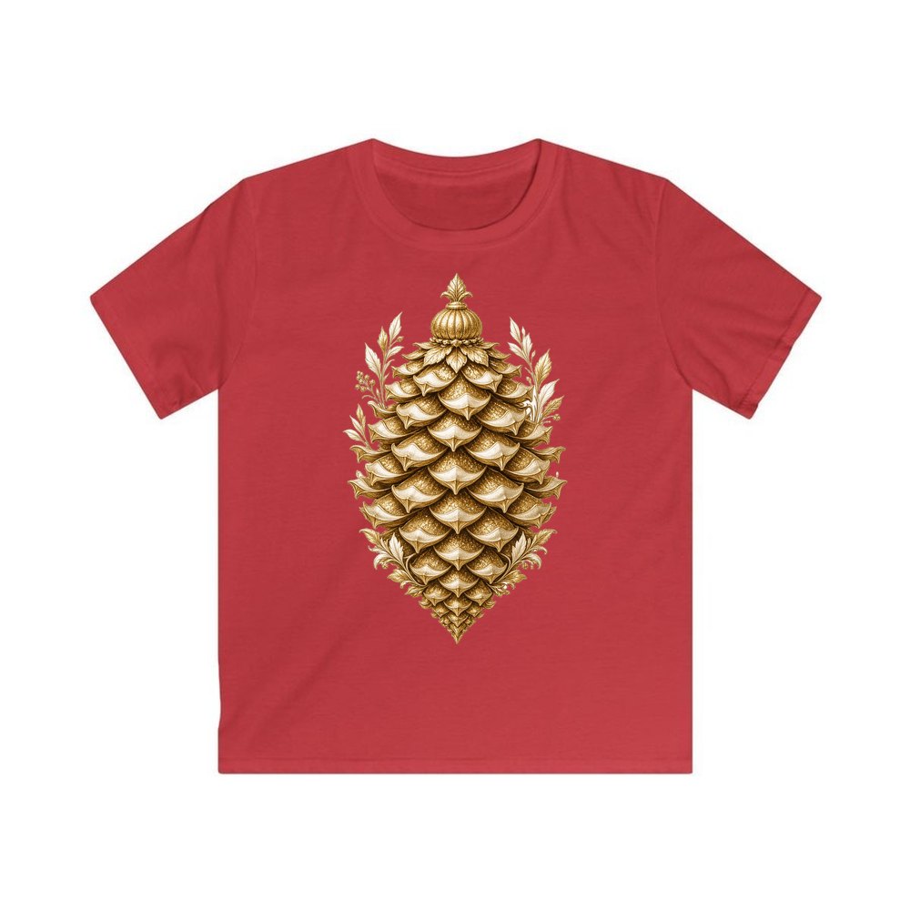 Gold Pinecone Ornament personalised kids Christmas tee in red