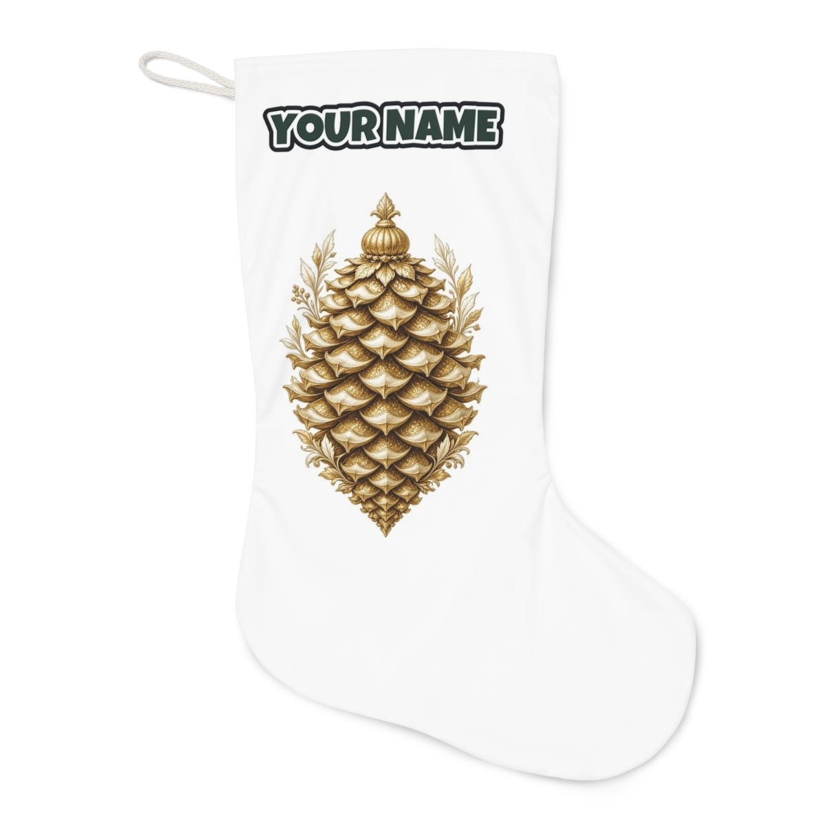 Gold Pinecone Ornament Christmas stocking laid flat, showing the full print