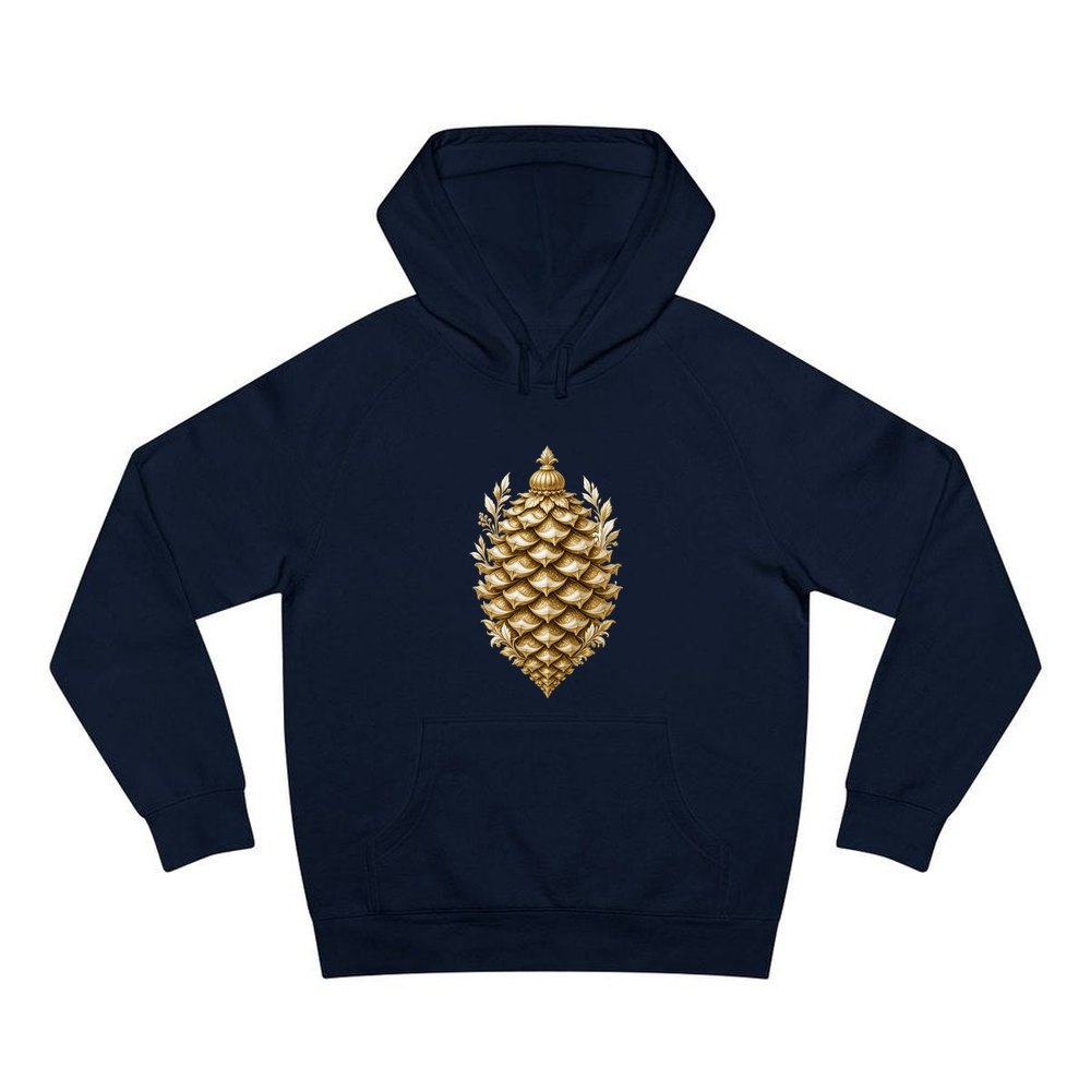 Gold Pinecone Ornament personalised Christmas hoodie in navy