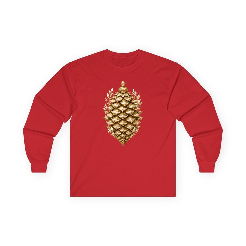 Gold Pinecone Ornament personalised long sleeve Christmas T-shirt in red