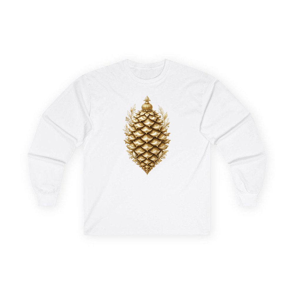 Gold Pinecone Ornament personalised long sleeve Christmas T-shirt in white