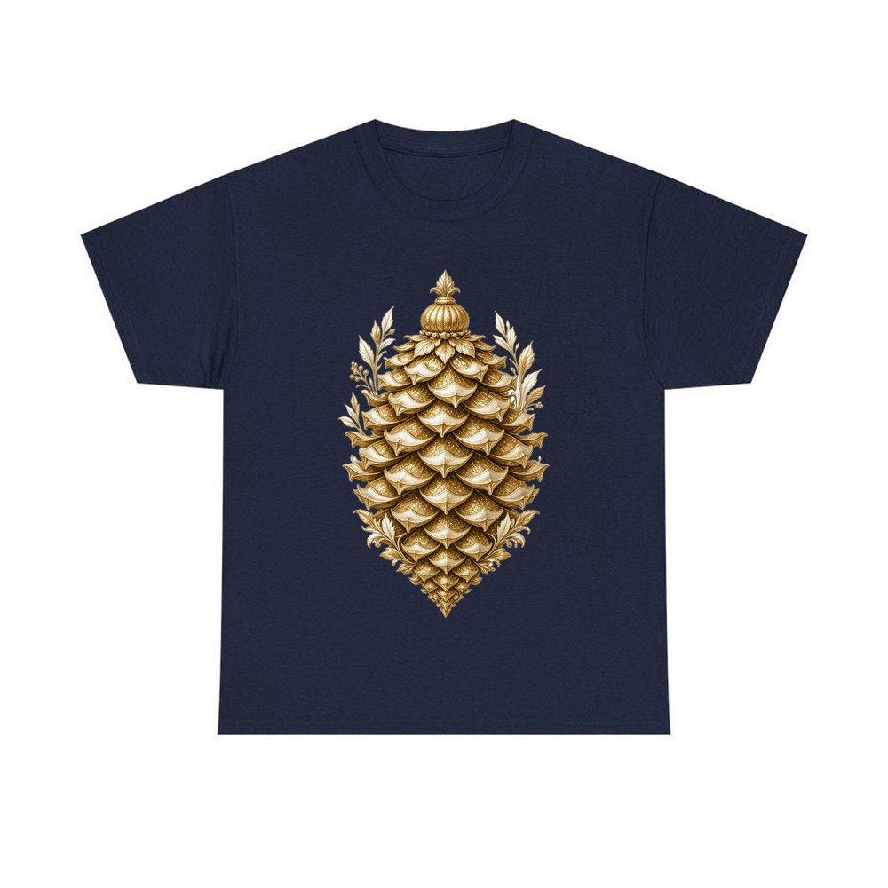 Gold Pinecone Ornament personalised Christmas T-shirt in navy