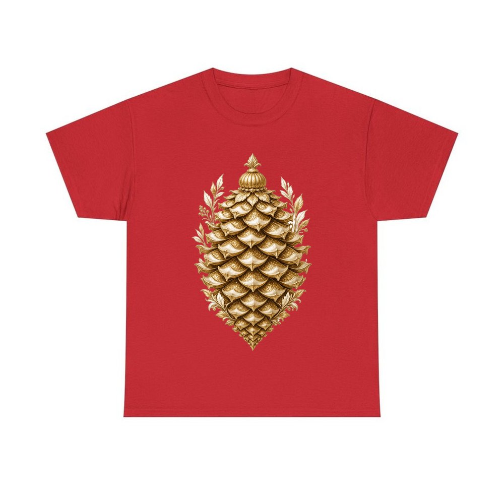 Gold Pinecone Ornament personalised Christmas T-shirt in red