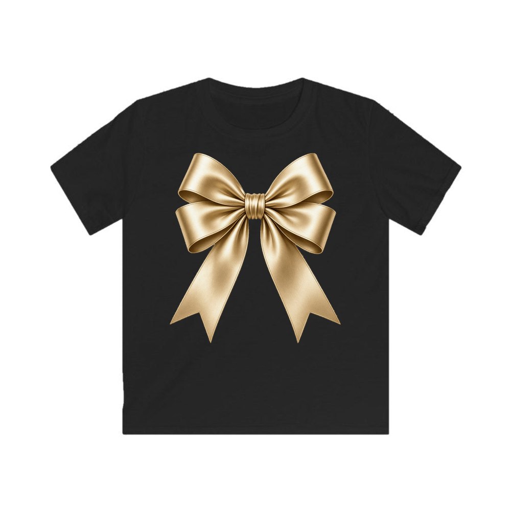 Gold Satin Ribbon Bow personalised kids Christmas tee in black