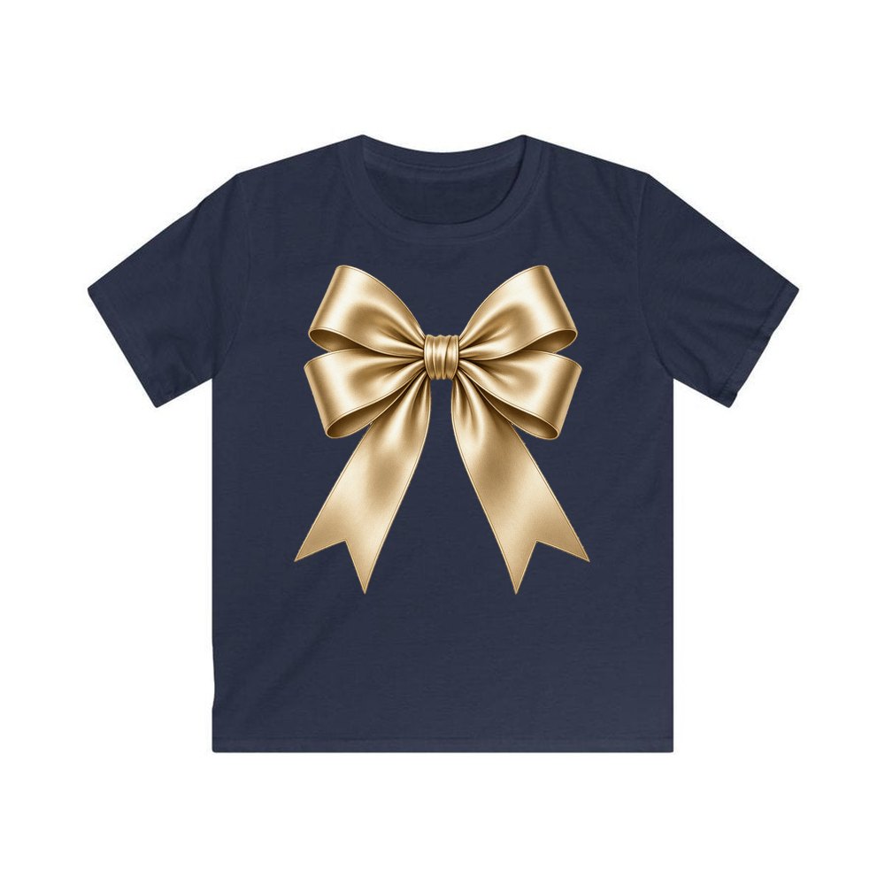 Gold Satin Ribbon Bow personalised kids Christmas tee in navy
