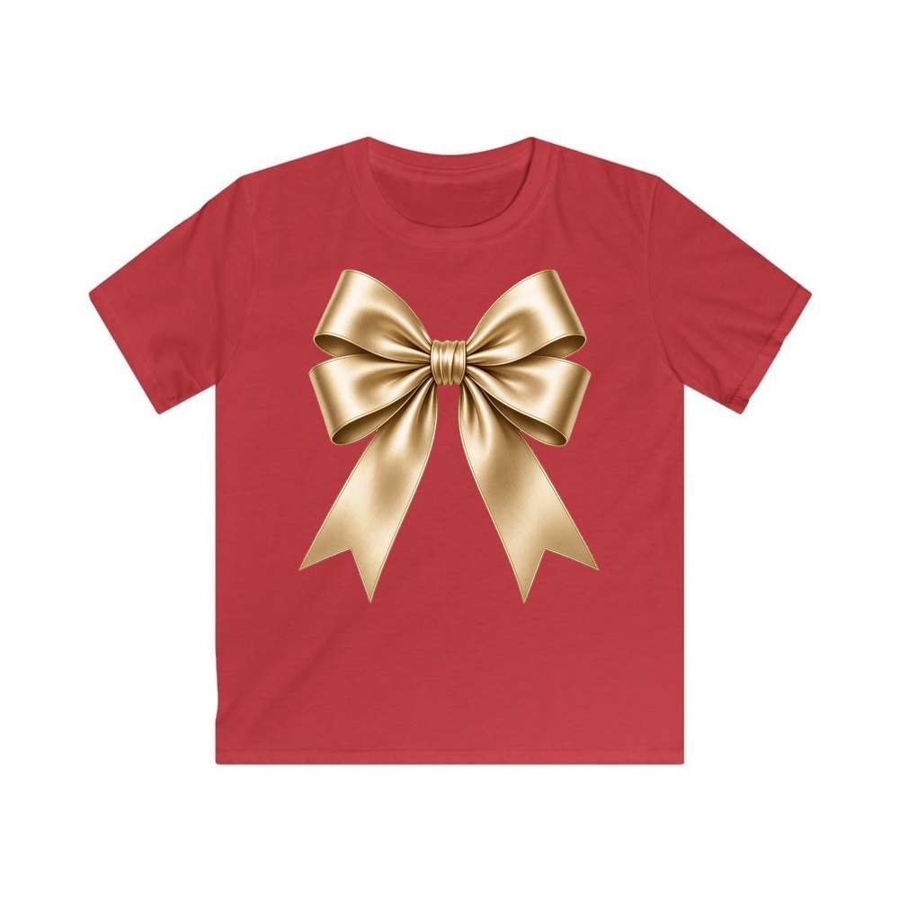 Gold Satin Ribbon Bow personalised kids Christmas tee in red