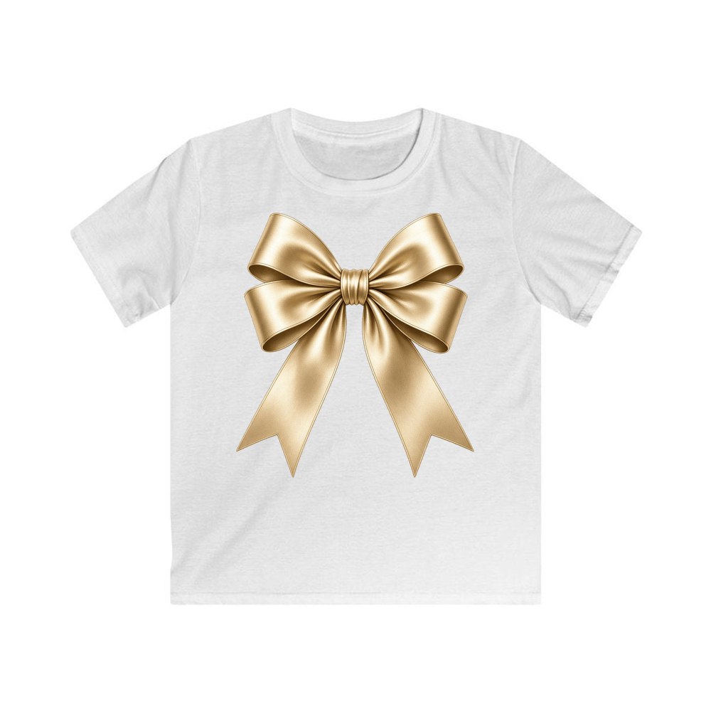 Gold Satin Ribbon Bow personalised kids Christmas tee in white