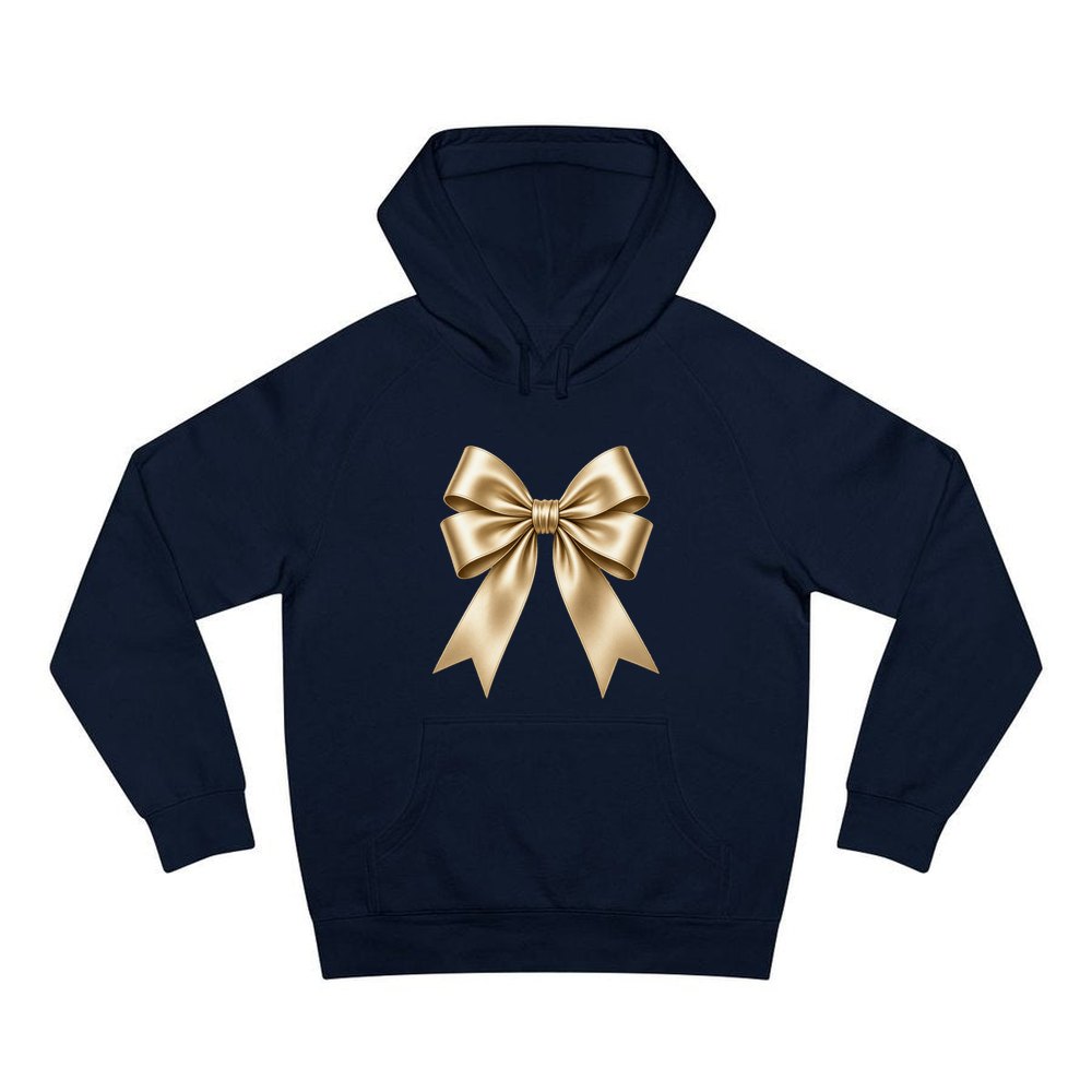 Gold Satin Ribbon Bow personalised Christmas hoodie in navy