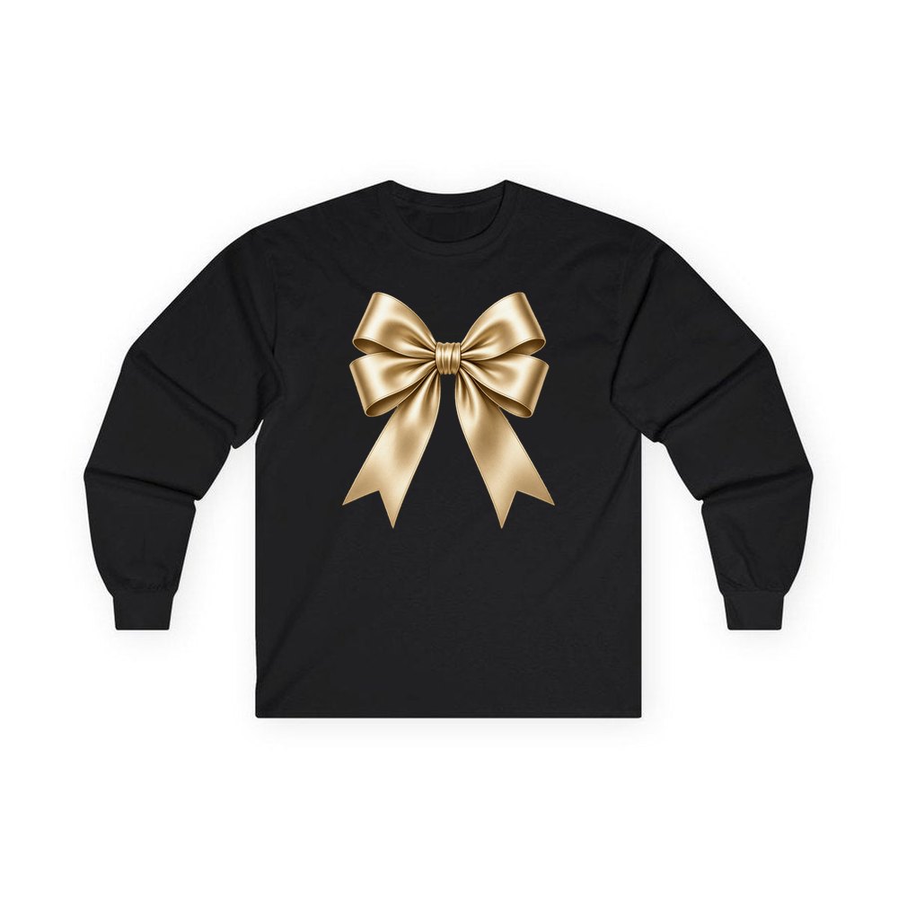 Gold Satin Ribbon Bow personalised long sleeve Christmas T-shirt in black