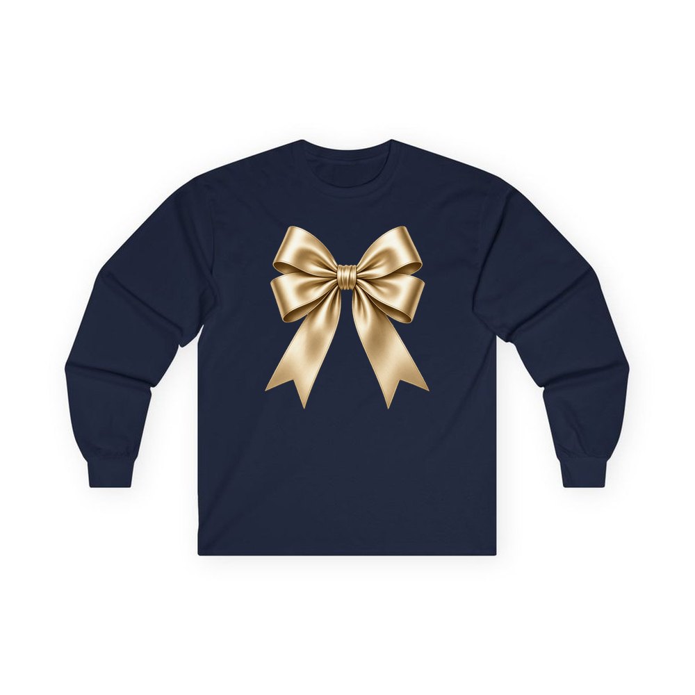 Gold Satin Ribbon Bow personalised long sleeve Christmas T-shirt in navy