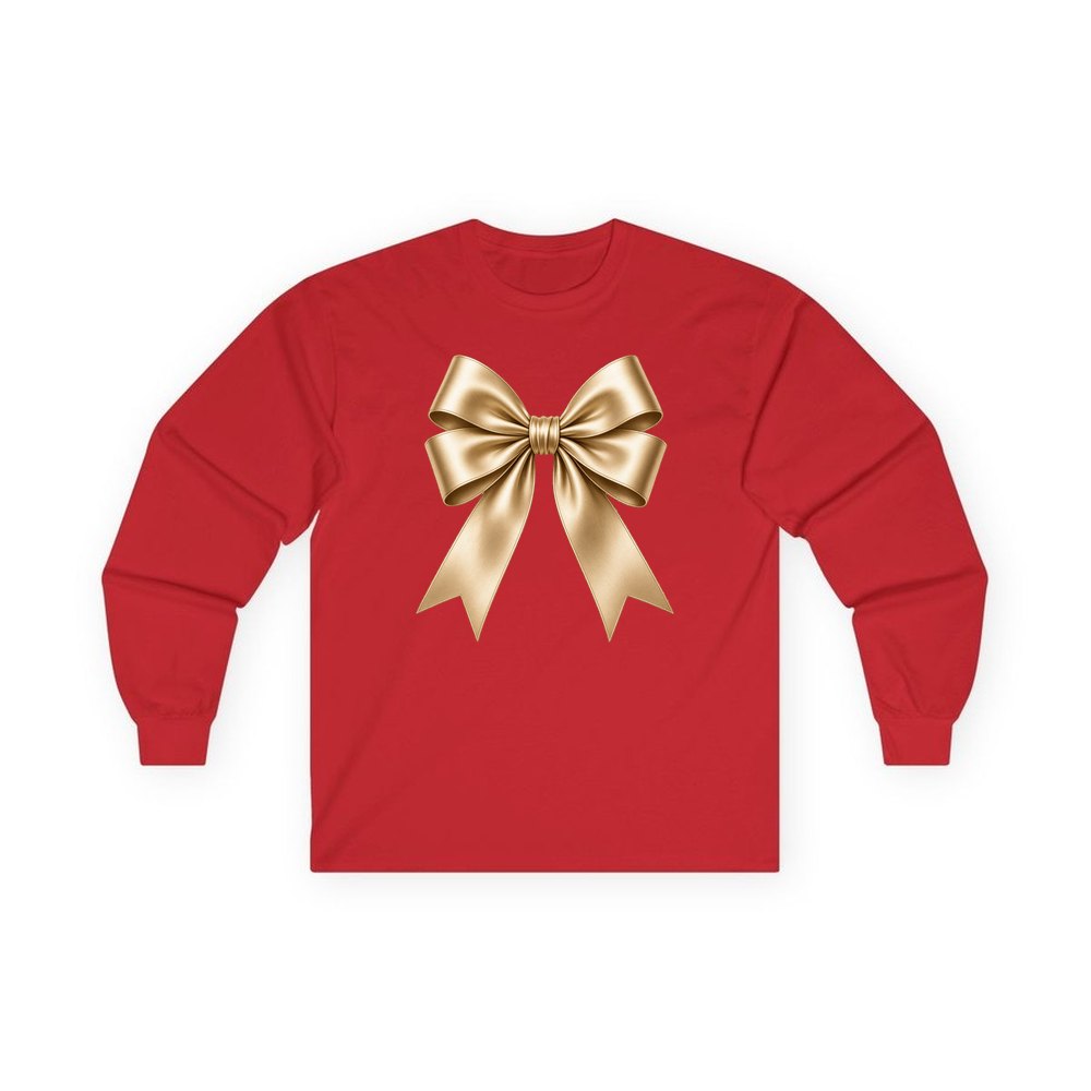 Gold Satin Ribbon Bow personalised long sleeve Christmas T-shirt in red