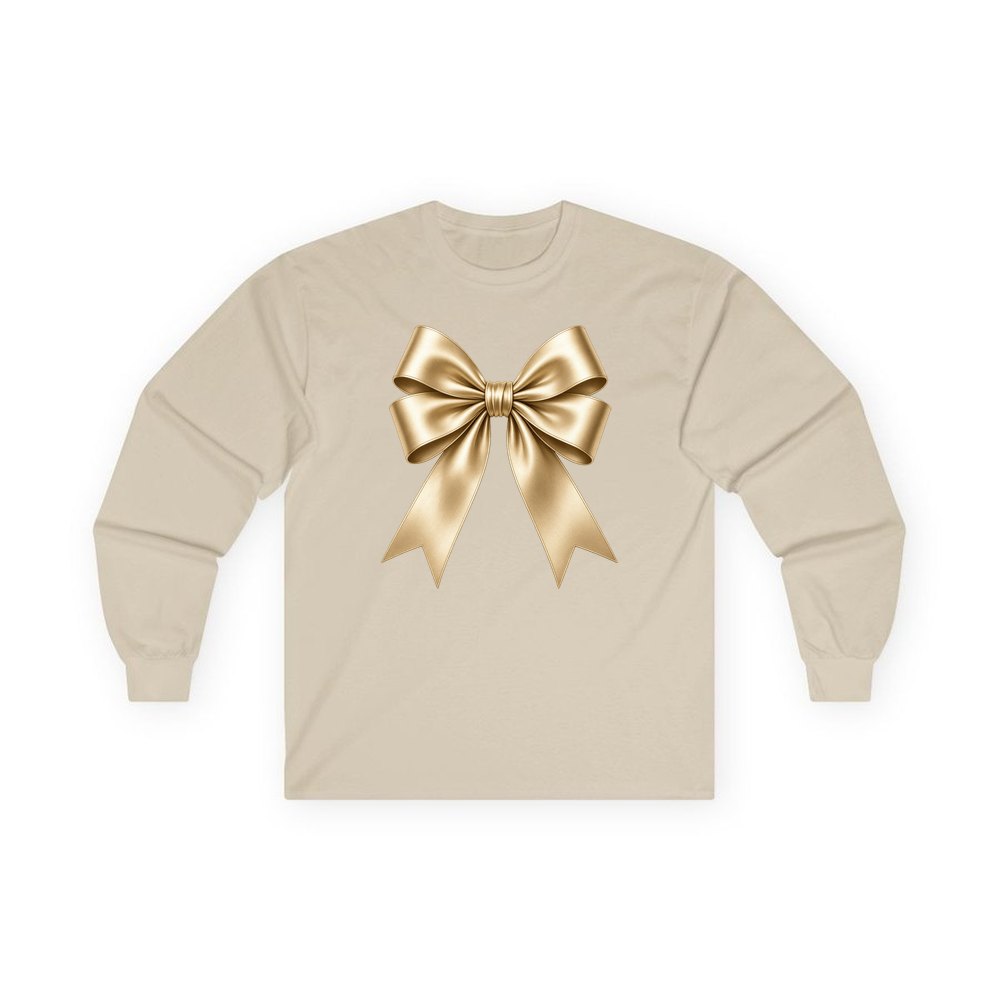 Gold Satin Ribbon Bow personalised long sleeve Christmas T-shirt in sand