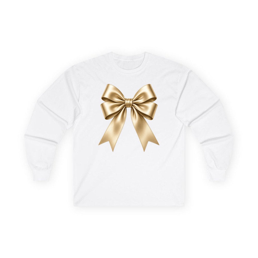 Gold Satin Ribbon Bow personalised long sleeve Christmas T-shirt in white