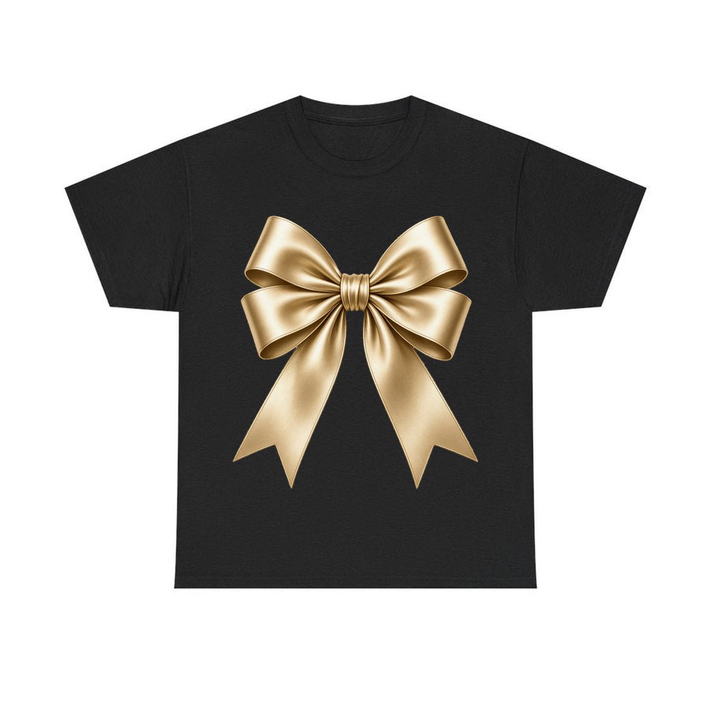 Gold Satin Ribbon Bow personalised Christmas T-shirt in black