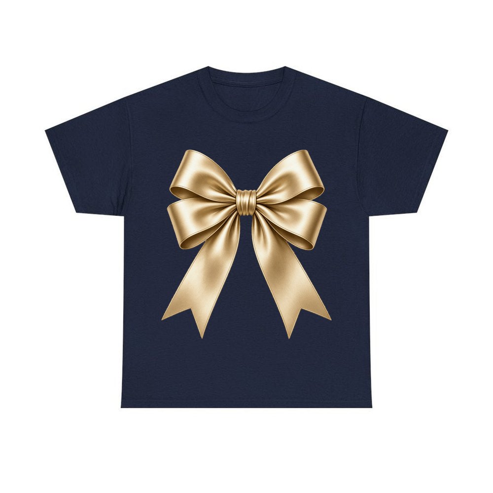 Gold Satin Ribbon Bow personalised Christmas T-shirt in navy