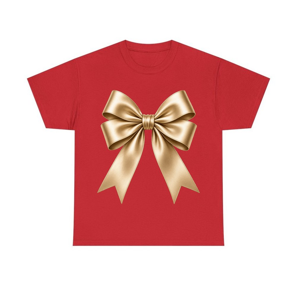 Gold Satin Ribbon Bow personalised Christmas T-shirt in red