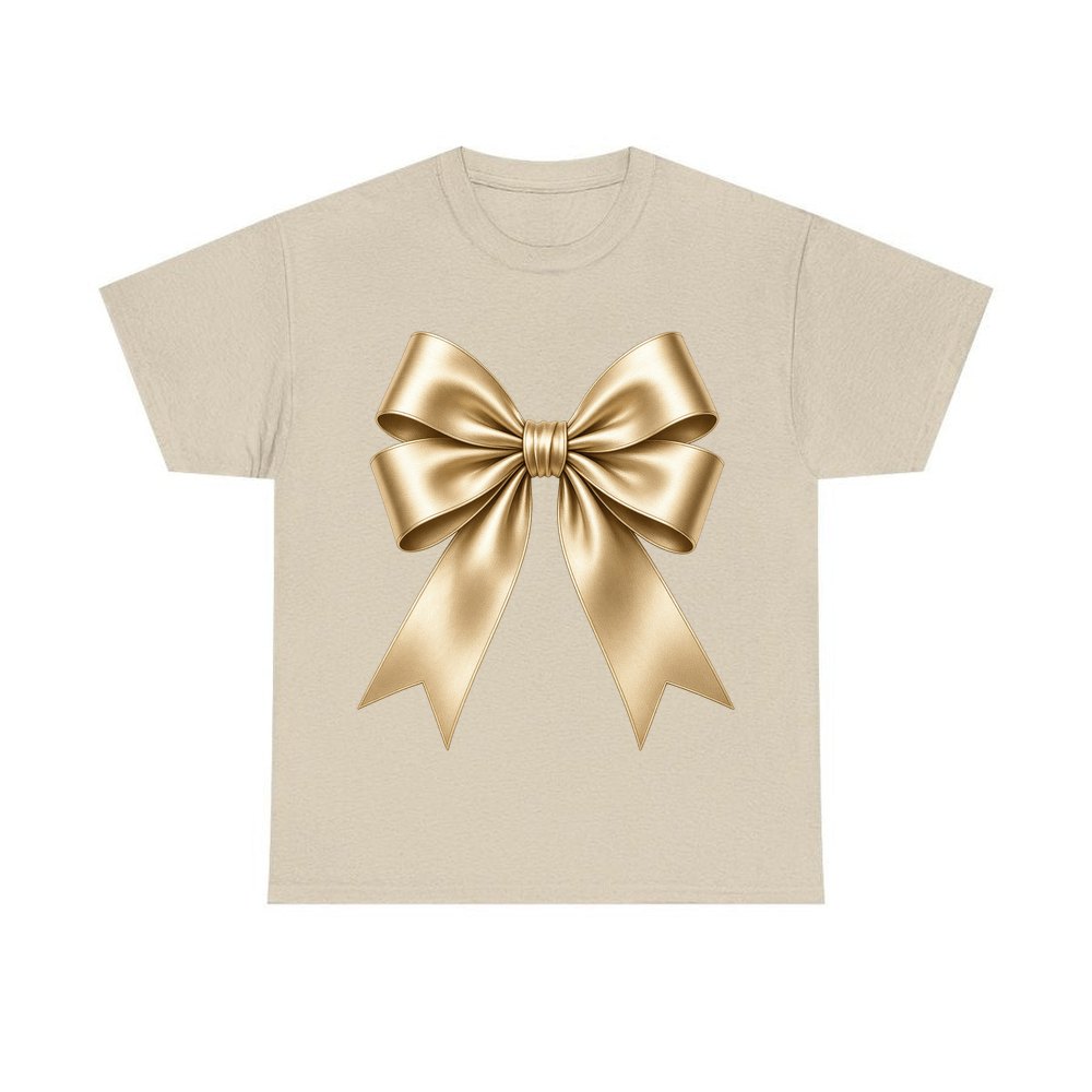 Gold Satin Ribbon Bow personalised Christmas T-shirt in sand