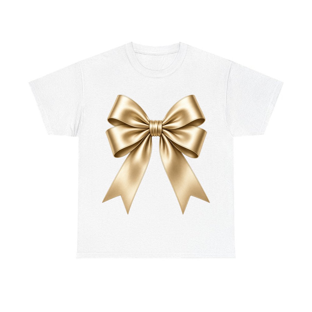 Gold Satin Ribbon Bow personalised Christmas T-shirt in white