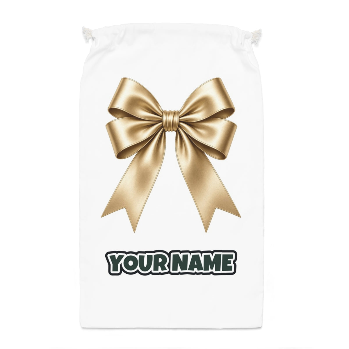 Gold Satin Ribbon Bow Santa sack laid flat, showing the full print