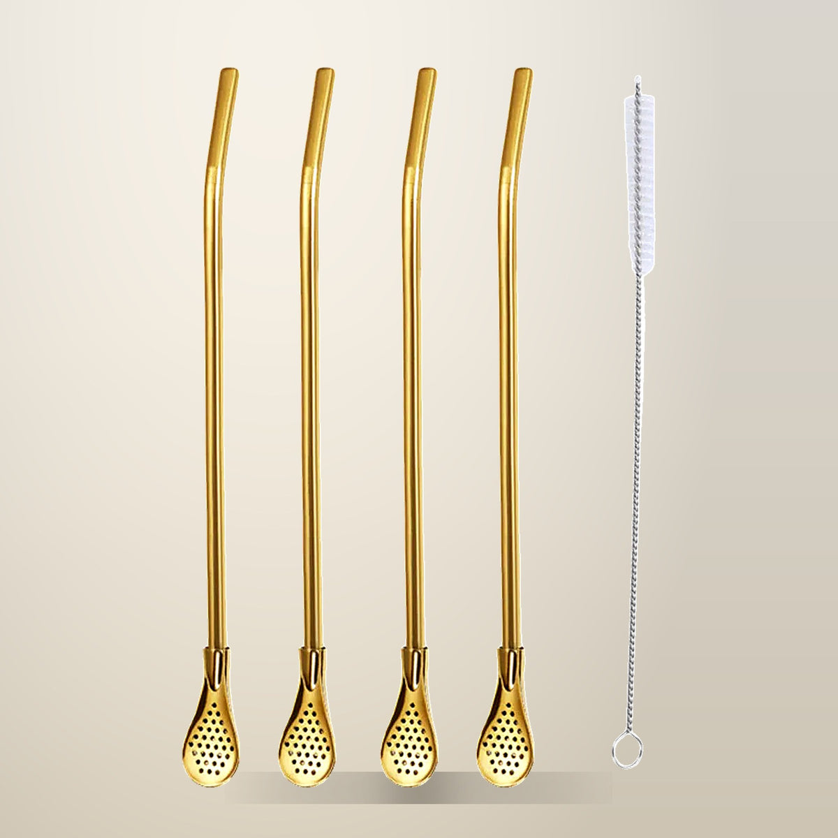 Gold Stainless Steel Straw Spoons with Filter and Brush, 5 Piece Set, on a plain cream background