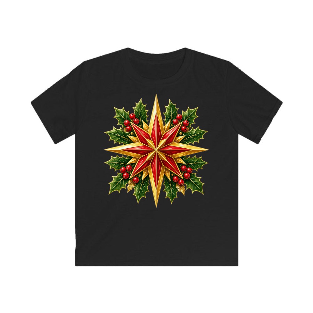Gold Star With Holly personalised kids Christmas tee in black
