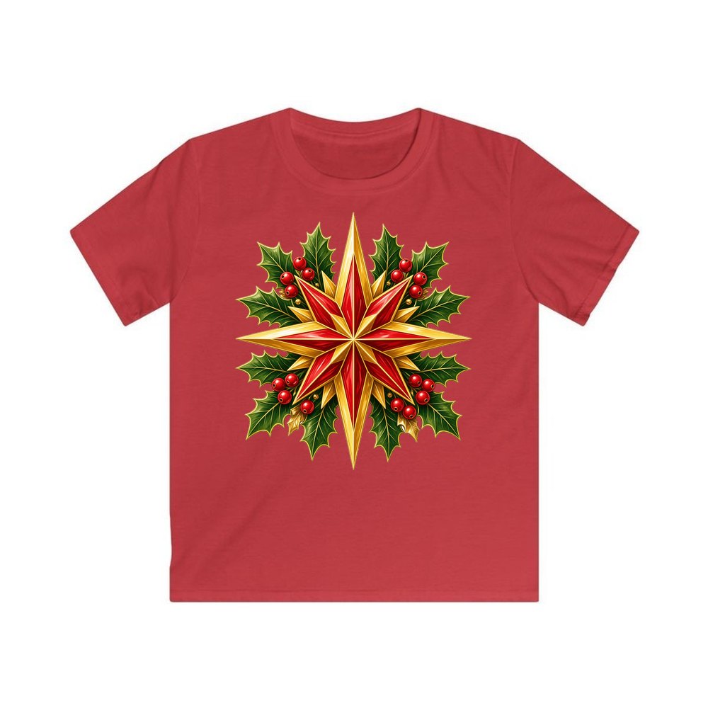 Gold Star With Holly personalised kids Christmas tee in red