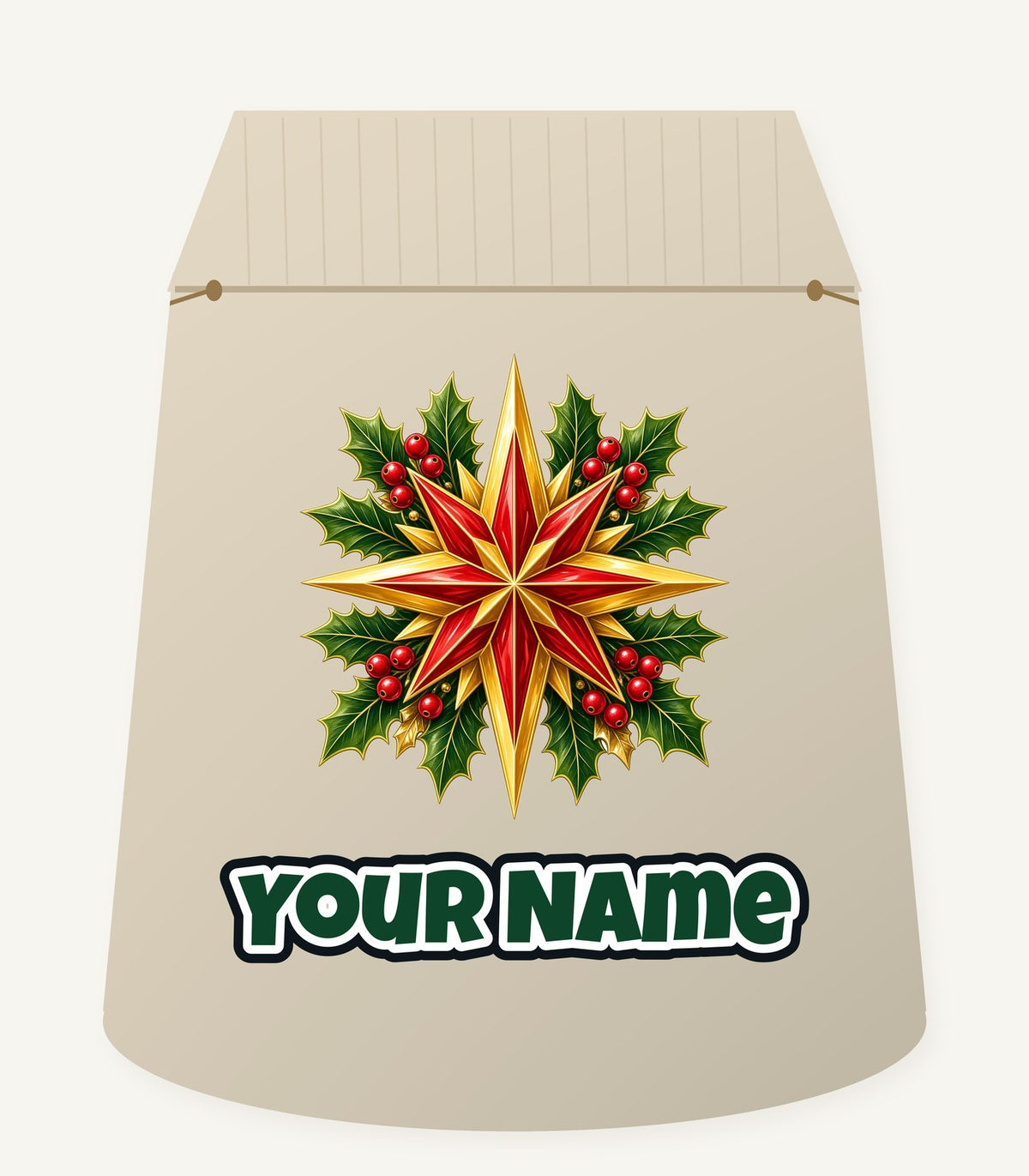 Gold Star With Holly Personalised Santa Sack