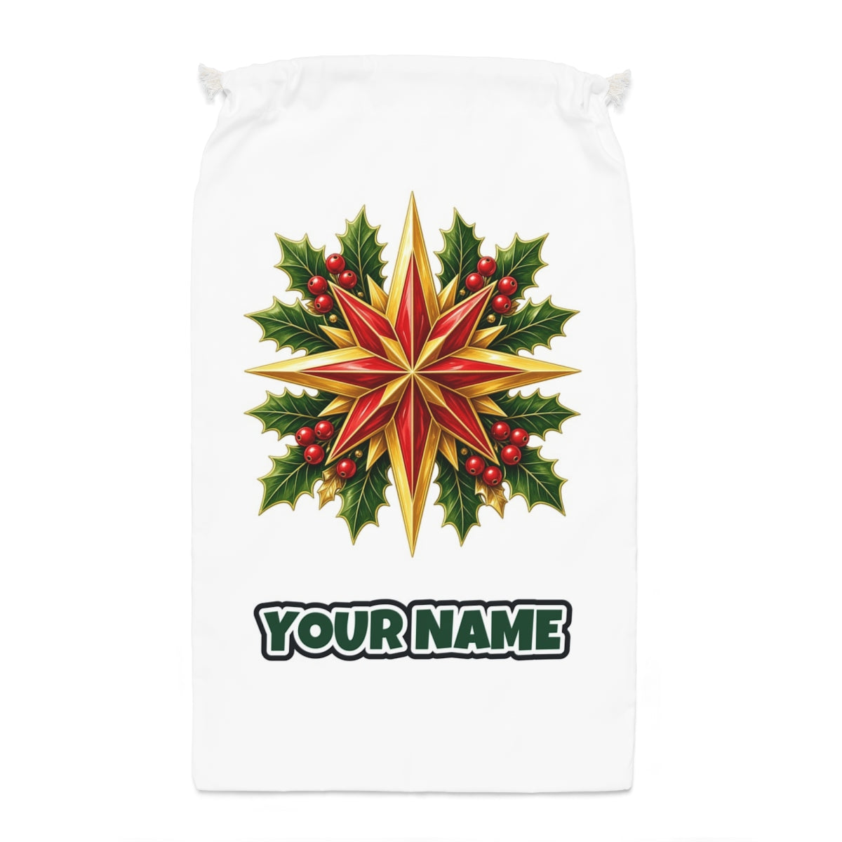 Gold Star With Holly Santa sack laid flat, showing the full print