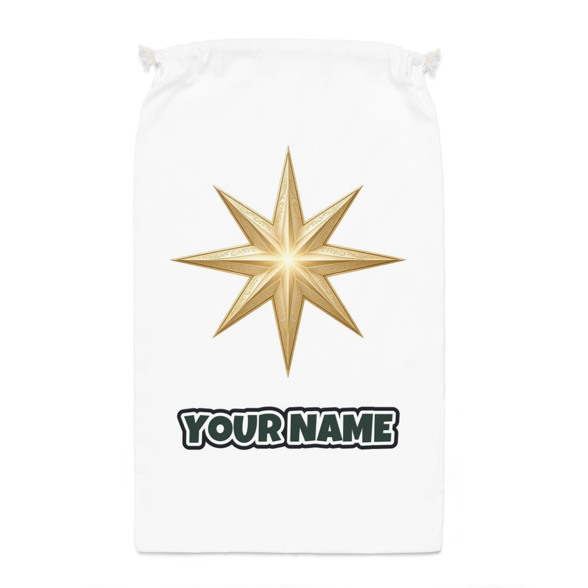 Gold Starburst Star Santa sack laid flat, showing the full print