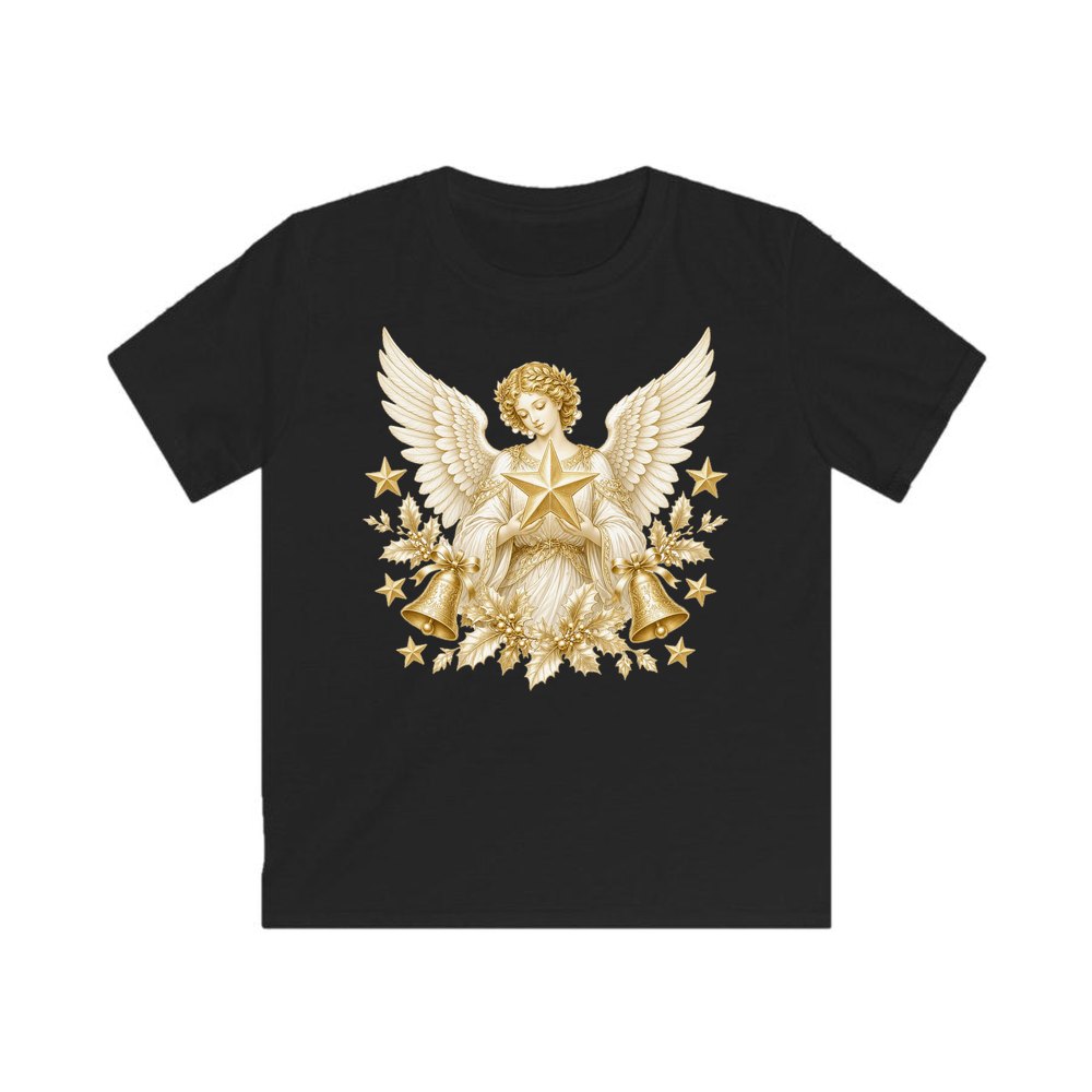 Golden Angel and Star personalised kids Christmas tee in black