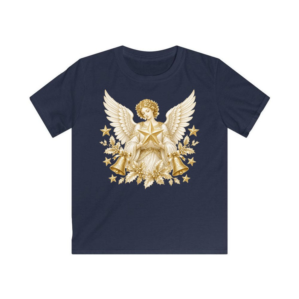 Golden Angel and Star personalised kids Christmas tee in navy