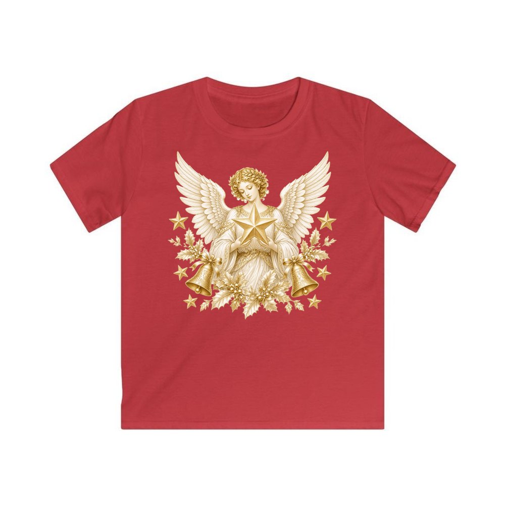 Golden Angel and Star personalised kids Christmas tee in red