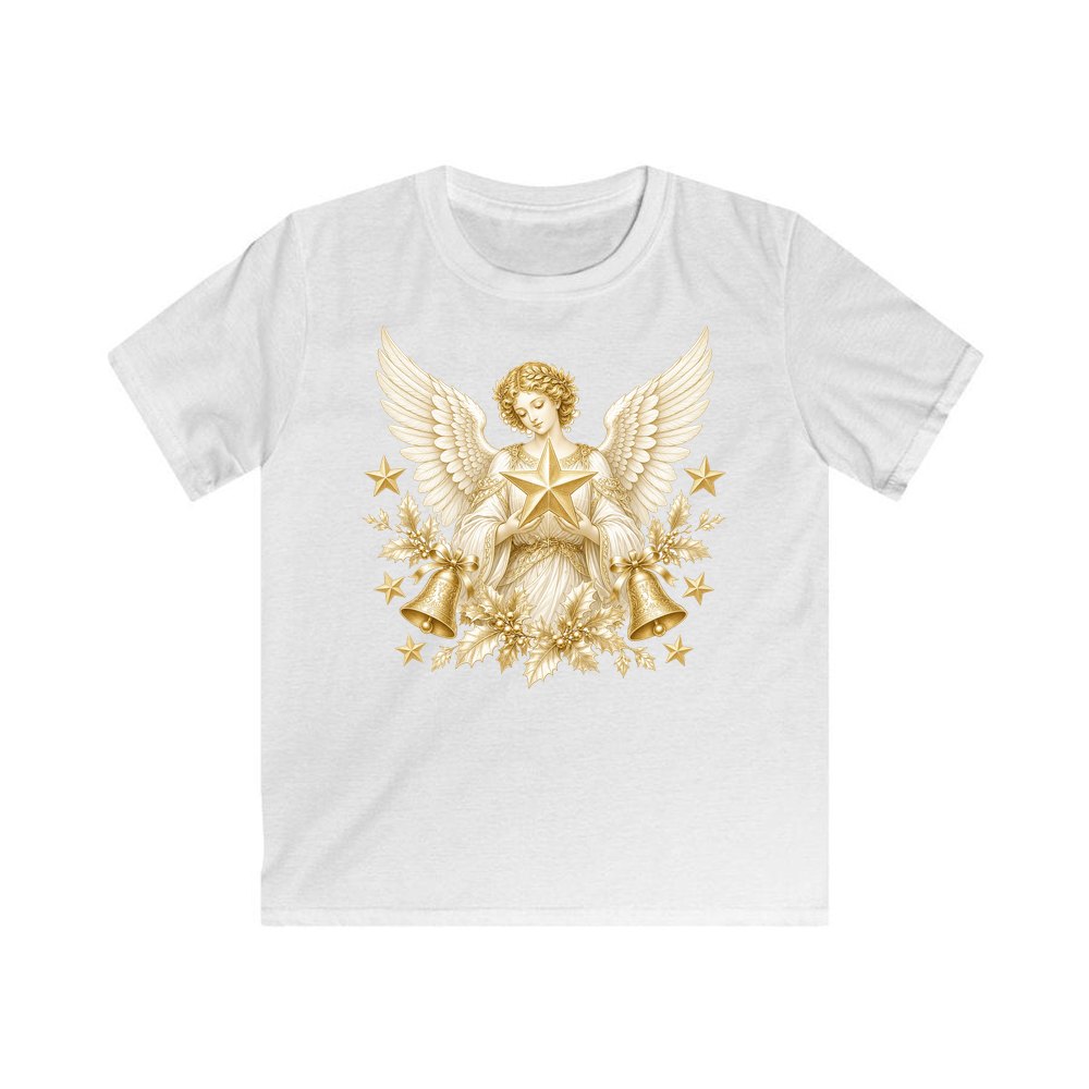 Golden Angel And Star Kids Christmas Tee design on a white kids tee
