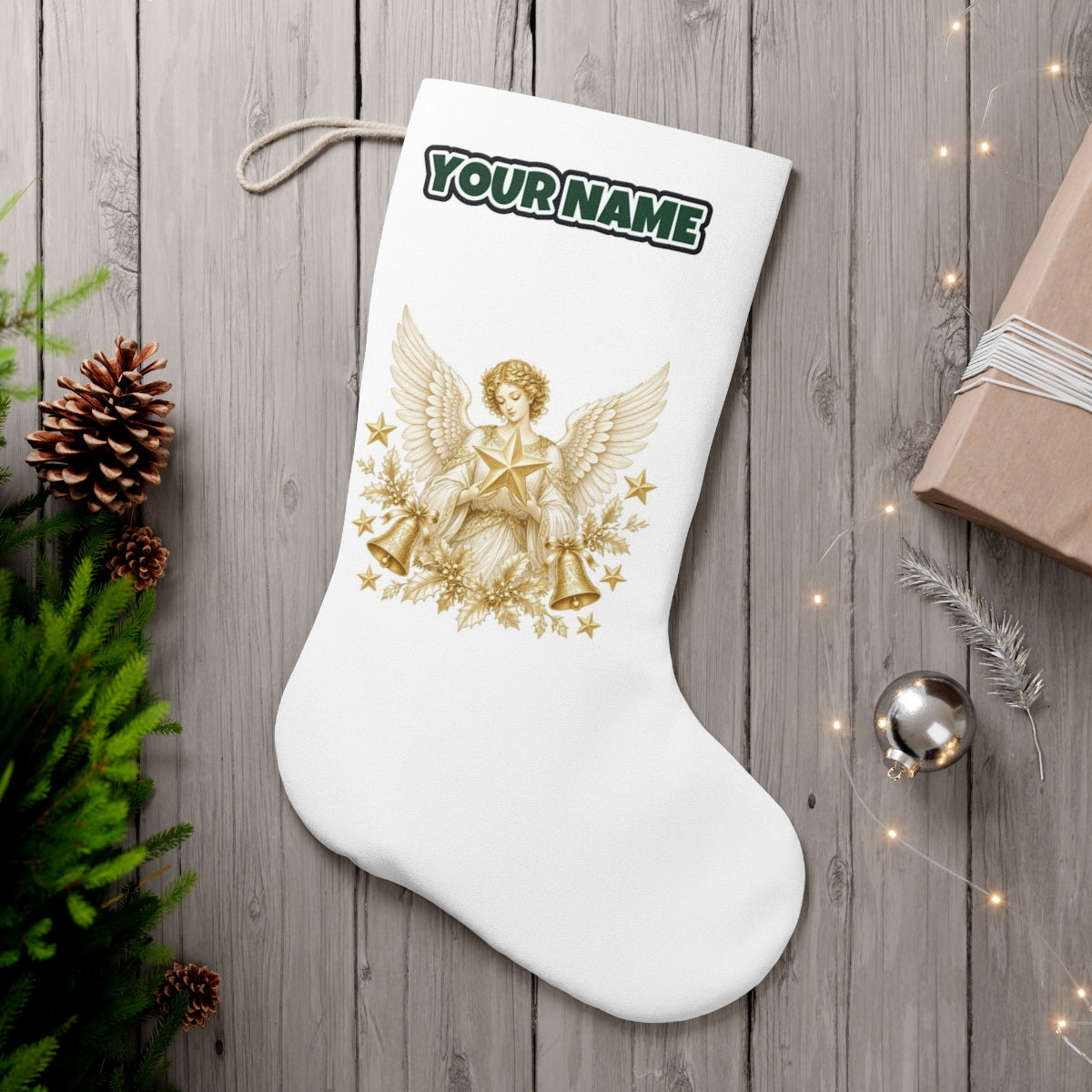 Golden Angel and Star personalised Christmas stocking, white, with the name across the top