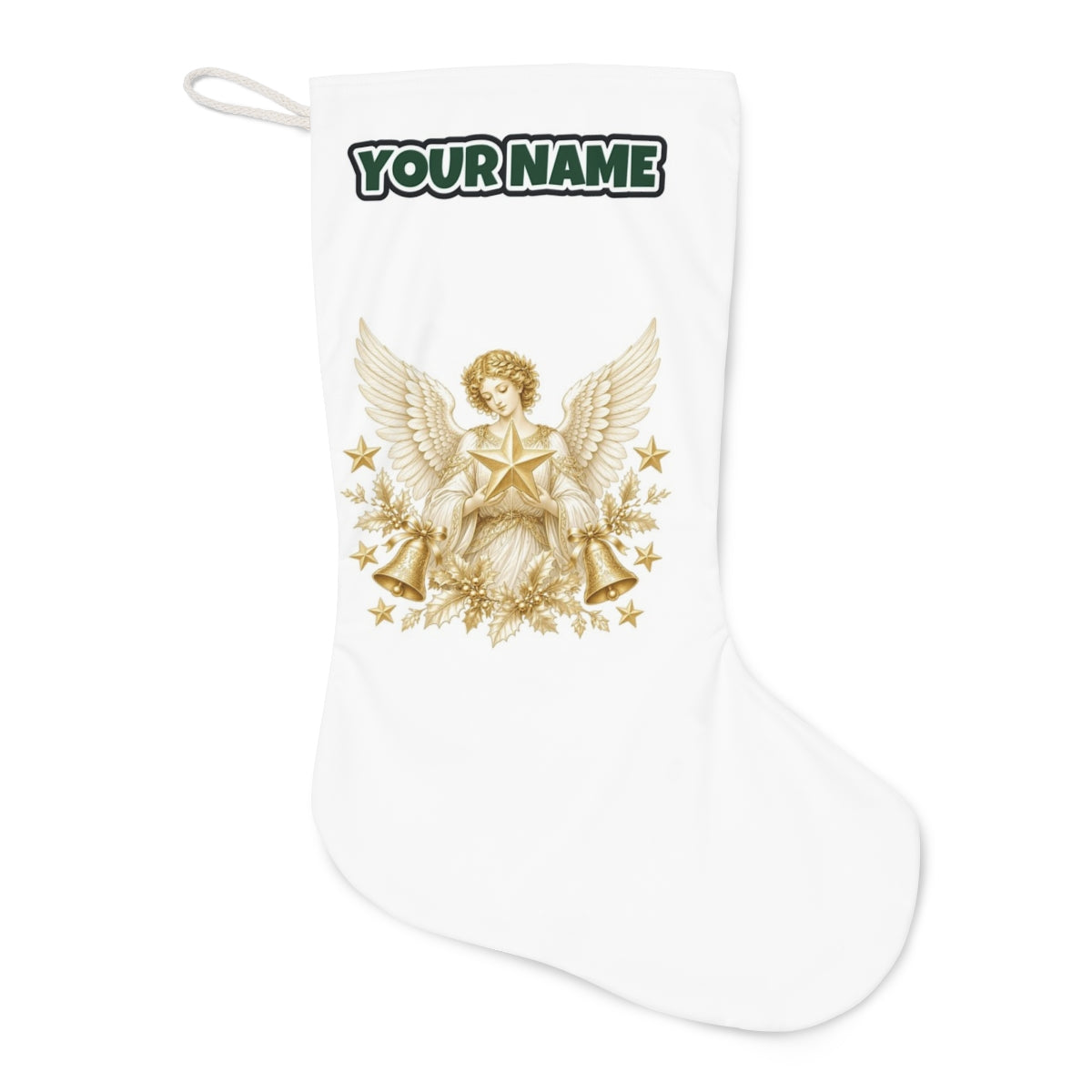 Golden Angel and Star Christmas stocking laid flat, showing the full print