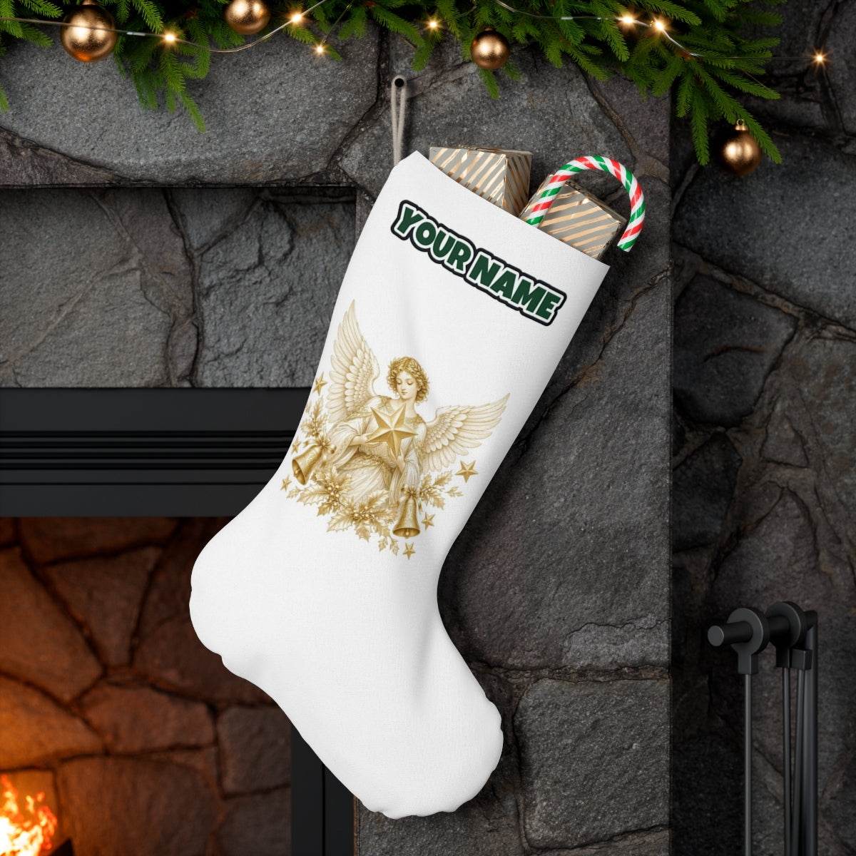 Golden Angel and Star personalised Christmas stocking hanging on a mantel