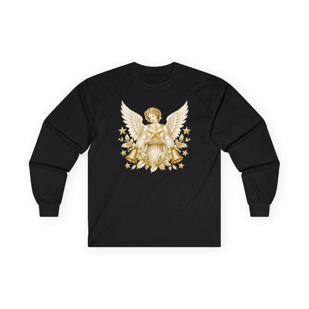 Golden Angel and Star personalised long sleeve Christmas T-shirt in black